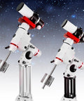 Height Extension Pole For Equatorial Telescope Mount Black 200mm Metal Construction next to white extension under telescope mount