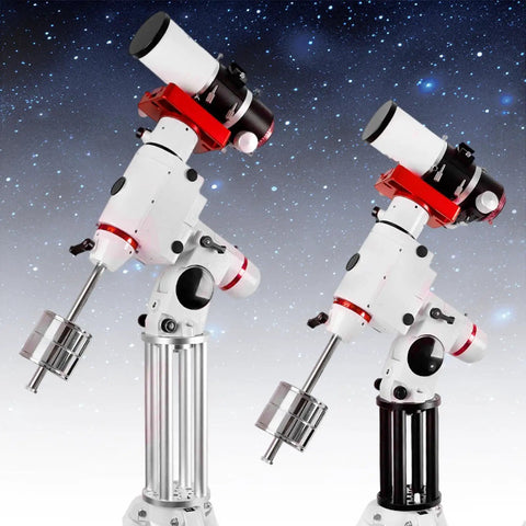Height Extension Pole For Equatorial Telescope Mount Black 200mm Metal Construction next to white extension under telescope mount