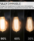 Image of Vintage Edison Light Bulbs 60W E26 E27 Base 2100K Dimmable ST58 Style warm glow squirrel filament showing dimming levels.