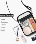 Clear Stadium Purse For Men And Women See Through Crossbody Bag with essentials like phone and sunglasses visible