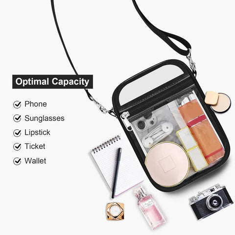 Clear Stadium Purse For Men And Women See Through Crossbody Bag with essentials like phone and sunglasses visible