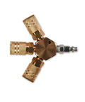 Three Way Hex Style Air Manifold with Industrial 6 Ball Brass Couplers, showing quarter inch inlet and three output ports.