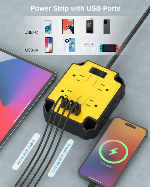 Magnetic Heavy Duty Power Strip With Eight Outlets And A 6.5 Foot Extension Cord Mountable On Metal Surfaces For Wall Or Workbench Use Wide Spaced 3 Sided Design Keeps Big Adapters Accessible, yellow black with USB ports