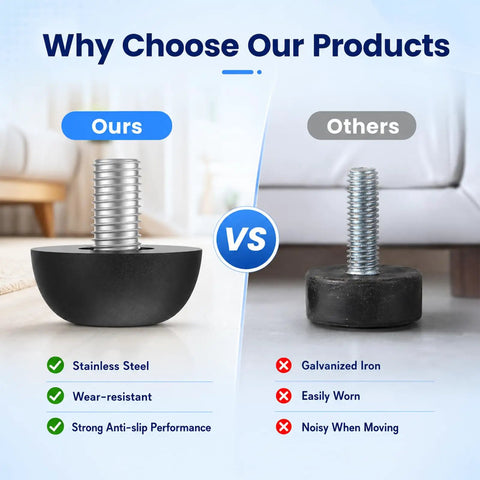 Comparison of Rock Solid Adjustable Furniture Levelers Built From Tough 304 Stainless Steel and inferior galvanized iron options.
