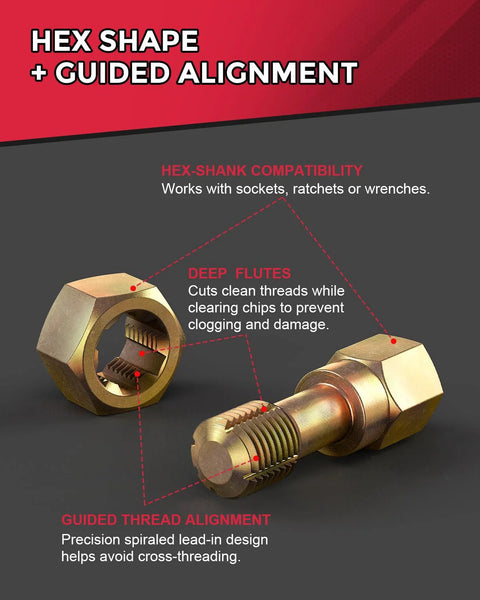 Kolvoii thread restorer tools with brass hex-shank and internal threads; two tools shown
