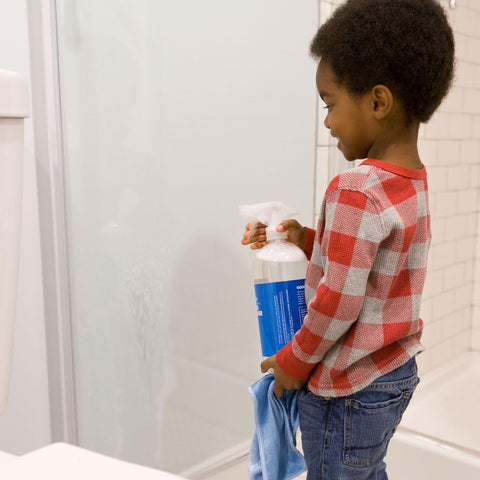 Child using Streak Free Glass Cleaner Spray For Windows, Mirrors, Screens And Shower Doors, Removes Fingerprints Dust And Dirt, Unscented Formula, Multi Surface Cleaner, 32 Oz Pack Of 2