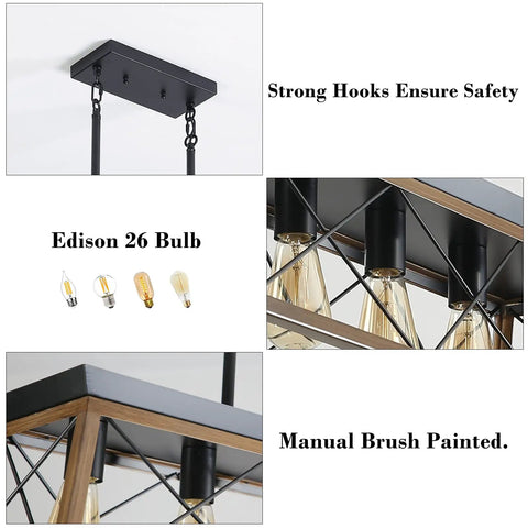 Details of Farmhouse Five-Light Linear Pendant Chandelier For Dining Room And Kitchen Island shown with Edison bulbs and metal frame.