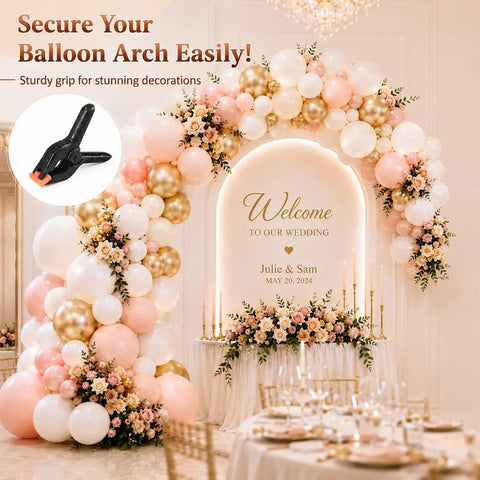 Heavy Duty Balloon Arch Clips Set, 10 Pcs 4.5 Inch Plastic Spring Clamps For Arch Backdrops shown securing wedding decor