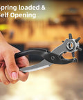 Hand holding Heavy Duty 9 Inch Leather Hole Punch Tool Rotary Belt Hole Puncher with ergonomic non-slip handle, spring loaded.