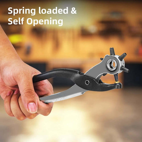 Hand holding Heavy Duty 9 Inch Leather Hole Punch Tool Rotary Belt Hole Puncher with ergonomic non-slip handle, spring loaded.