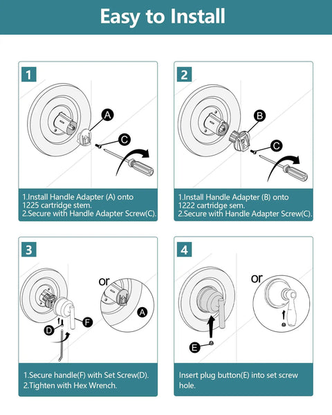 Diagram showing easy installation of Replacement Lever Handle Kit For Moen Posi Temp And Chateau Faucets Chrome Finish Durable Metal