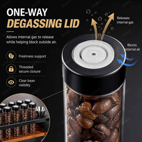 Level Up Your Daily Grind With This Wall Mounted Coffee Bean Storage Tube Set Featuring Twelve Single Dose Espresso Vials with degassing lid.