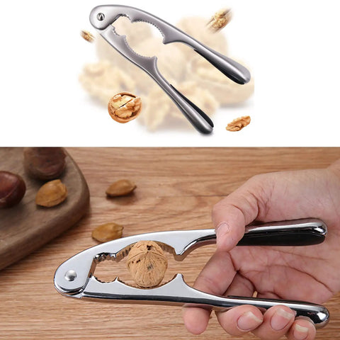 Stainless Steel Nutcracker Seafood Sheller With Dual Diameter Crushing Cones cracking a walnut, showing non-slip handle and design.