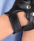 Close-up of Mens Black Steampunk Fingerless Gloves Premium PU Leather Half Finger with hook strap closure and silver studs.