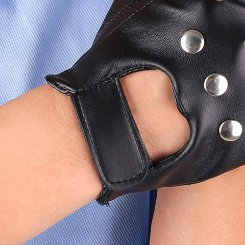 Close-up of Mens Black Steampunk Fingerless Gloves Premium PU Leather Half Finger with hook strap closure and silver studs.