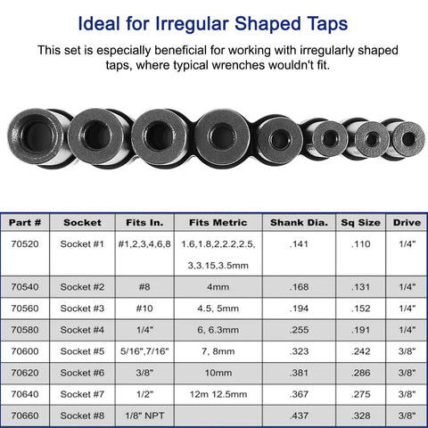 Eight-piece tap socket set with compatibility table for Tap Socket Set For One Quarter Inch And Three Eighth Inch Drive Pro Grade.