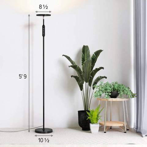 Lit 24W LED Daylight Floor Lamp Free Standing Uplight Torchiere for Living Room with plants and table.