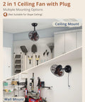 No Frills Remote Wall Mount Fan 10 Inch Compact With Plug In Cord Six Speeds Adjustable Tilt Reversible DC Motor Timer 1H 2H 4H Ideal For Garage Shop Office Bedroom Gym Walnut Finish displayed with ceiling and wall mount options