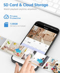 Mobile app showing 2K Indoor Pet Camera With 360 Pan Tilt WiFi Camera, Human Motion Detection, Night Vision playback on phone.