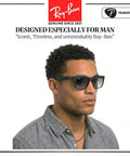 Man wearing Ray-Ban sunglasses with matte black frame showing Square Shape Polarized Sunglasses For Men With Light Grey Gradient Lenses Durable Frame For Everyday Formal And Casual Wear Real All Day Comfort And Eye Protection Includes Eyewear Kit And Carry Pouch.