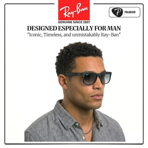 Man wearing Ray-Ban sunglasses with matte black frame showing Square Shape Polarized Sunglasses For Men With Light Grey Gradient Lenses Durable Frame For Everyday Formal And Casual Wear Real All Day Comfort And Eye Protection Includes Eyewear Kit And Carry Pouch.