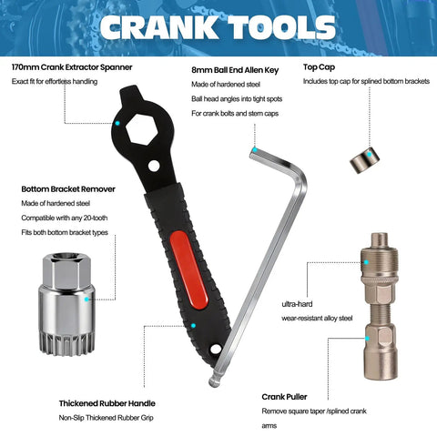 Versatile Bike Crank Puller Tool set with 170mm spanner, 8mm Allen key, top cap, bottom bracket remover, and crank puller