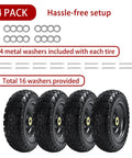 4 Pack 10 Inch Flat Free Tires For Gorilla Carts And Garden Wagons shown with washers and cotter pins