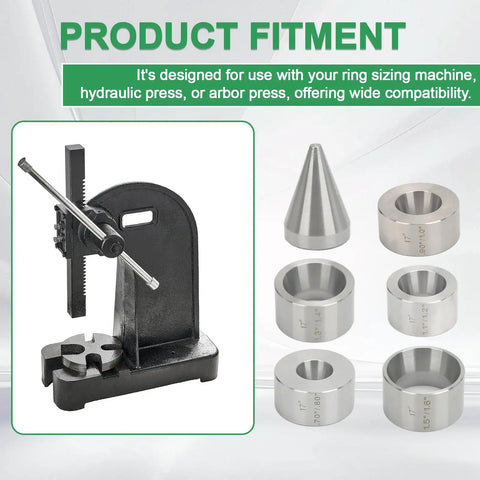 17 Degree Coin Ring Folding And Reduction Die Set For DIY Jewelry, showing five stainless steel dies and a centering cone.
