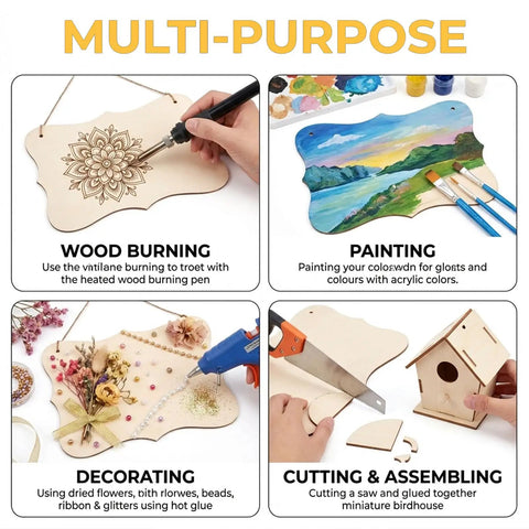 Pack Of 12 Unfinished Rectangular Wood Plaques Measuring 8.8 By 5.7 Inches With Free Burlap Twine For Diy Craft Painting Or Wood Burning showing wood burning, painting, and decorating options.