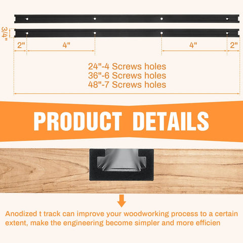 Diagram of 8 Pack 48 Inch Double Cut Profile Universal T Track With Predrilled Mounting Holes showing dimensions and screw holes