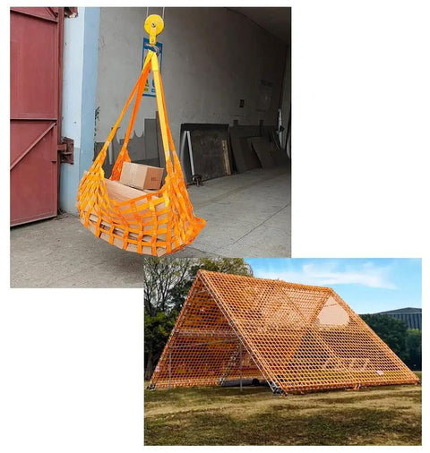 Heavy Duty Cargo Lifting Net Built Tough As Nails For Ship Dock Hoisting And Garden Climbing With Maximum 500kg Hold and 3x3 Meter Span displayed with boxes and a frame.