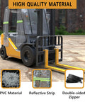 Side view of forklift with a clear PVC cabin cover; features reflective strip and dual zipper