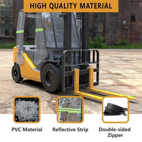 Side view of forklift with a clear PVC cabin cover; features reflective strip and dual zipper