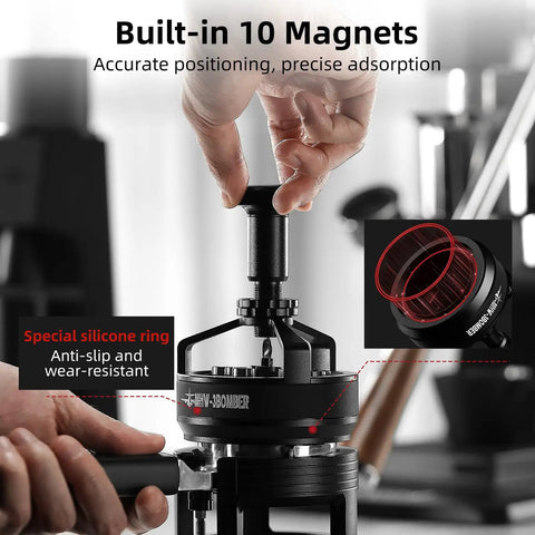 58mm WDT Tool For Espresso Distribution With Magnetic Base For Baristas, Adjustable Depth Needle Distributor, in use
