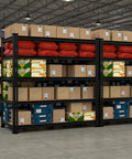 Beefy Heavy Duty Garage Storage Shelves Five Tier Metal Rack With 650 Lbs Per Shelf And 3250 Lbs Total Load Capacity Powder Coated Steel Frame With Thickened Wood Boards For Garage And Workshop, loaded with boxes