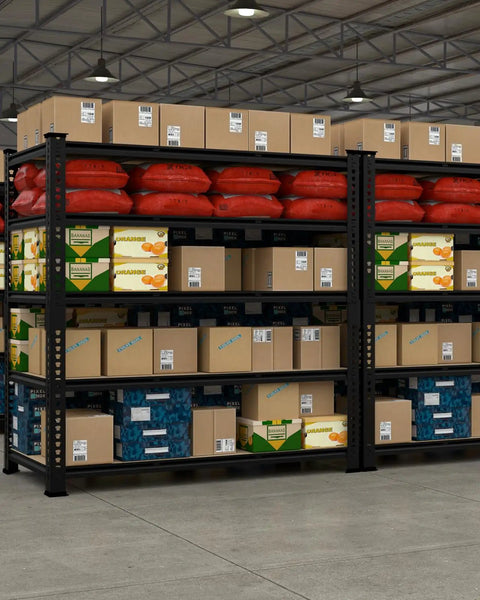 Beefy Heavy Duty Garage Storage Shelves Five Tier Metal Rack With 650 Lbs Per Shelf And 3250 Lbs Total Load Capacity Powder Coated Steel Frame With Thickened Wood Boards For Garage And Workshop, loaded with boxes