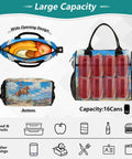 Desert Cooler Lunch Bag With Insulated Tote, showing capacity for 16 cans, fruits, and a scenic design on nylon exterior.