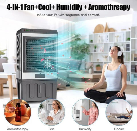 Beefed-Up Portable Evaporative Cooler With 100L Water Tank, Insanely Strong 10000 Cubic Meters Per Hour Airflow, Auto Water Supply, And Wide Oscillation, Heavy-Duty Swamp Cooler For Large Warehouses, Workshops, And Open Spaces showing 4-in-1 fan and cool humidify aromatherapy unit