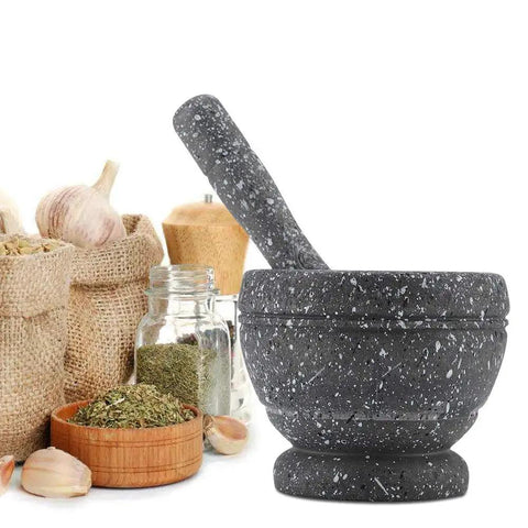 Granite Pattern Mortar And Pestle Set Manual Garlic And Seasoning Grinder With Non Slip Base For Fresh Spices, shown with herbs.