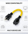 Heavy Duty 12 Awg Nema Four In One Adapter Cable Electrical Power Extension Cord With 15 Amp 125 Volt Plug, yellow with black plugs.