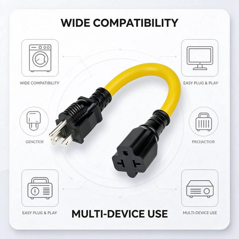 Heavy Duty 12 Awg Nema Four In One Adapter Cable Electrical Power Extension Cord With 15 Amp 125 Volt Plug, yellow with black plugs.