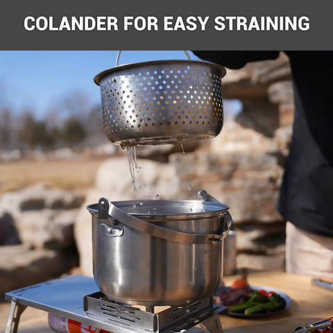 Camping Cookware Set In 304 Stainless Steel With Pots Pan Kettle Colander And Tote For Campin Crew straining over pot