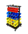 Six Tier Rolling Bin Storage Rack With Sixty Color Coded Bins On Smooth Wheels Dual Sided Parts Organizer With Top Tray Heavy Duty Steel Frame And 350 Lb Capacity Ideal For Garage Workshop And Utility Space, front view displaying red, blue, and yellow bins