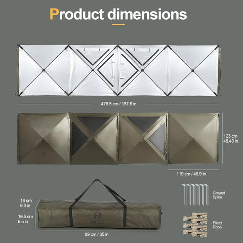 Product dimensions of Oversized Camping Wind Block Screen Four Panels Campout Ready For Beach And Backyard Privacy Fence Sun Shield With Mesh Window Poles Ground Nails Included Easy Setup Green