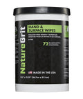 NatureGrit Hand & Surface Wipes tub, black label with green banner, 72 pre-moistened wipes