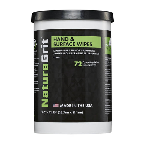 NatureGrit Hand & Surface Wipes tub, black label with green banner, 72 pre-moistened wipes