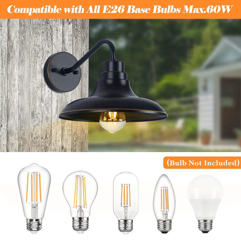 Gooseneck Barn Outdoor Light Fixture Set Of 2, farmhouse porch lanterns in black with bulb options, IP65 waterproof rating.