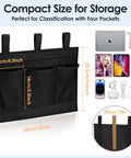 Bedside Caddy Organizer With Four Pockets Hanging Nightstand Storage for remotes, phone, tablet, magazines, black, dimensions shown