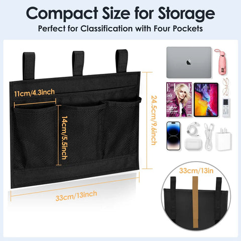 Bedside Caddy Organizer With Four Pockets Hanging Nightstand Storage for remotes, phone, tablet, magazines, black, dimensions shown