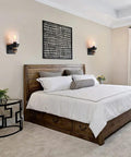 Bedroom with two one light rustic wall sconce for bathroom and hallway with metal wood grain vanity light and glass shade handmade farmhouse over mirror fixture dope vibe for bathroom bedroom hallway on either side of bed